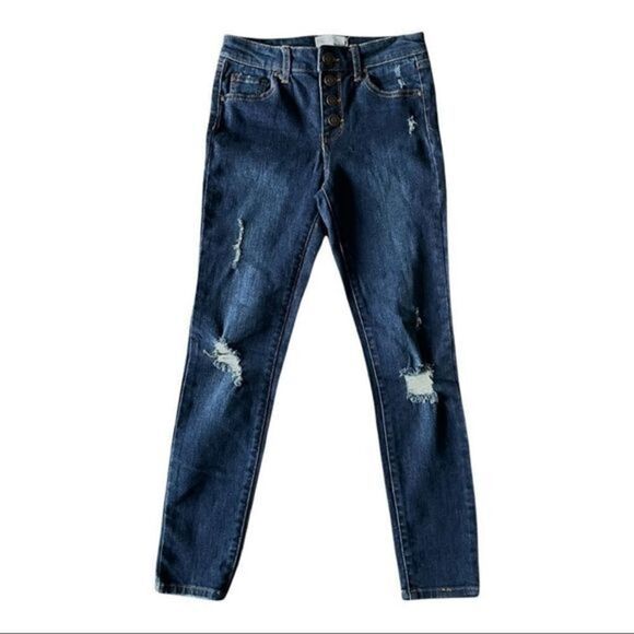 RSQ Mid Rise Skinny Exposed Button Ripped Dark Wash Jeans Size 10 - Picture 3 of 12